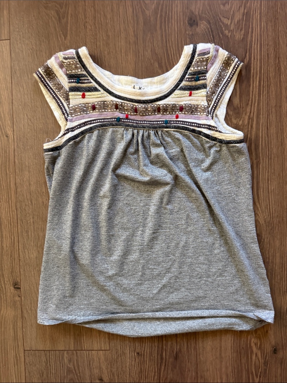 Anthropologie Grey Tank with Embroidered Multicolor Yoke and Bead Detail